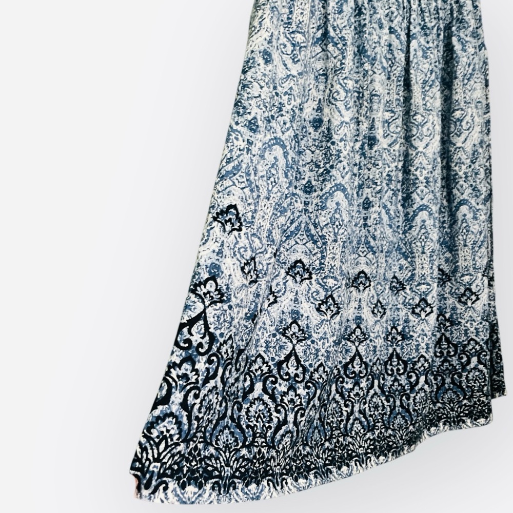 J. Jill Smocked Waist Printed Maxi Cotton Bohemian Skirt Tassels Blue White M - Picture 2 of 8